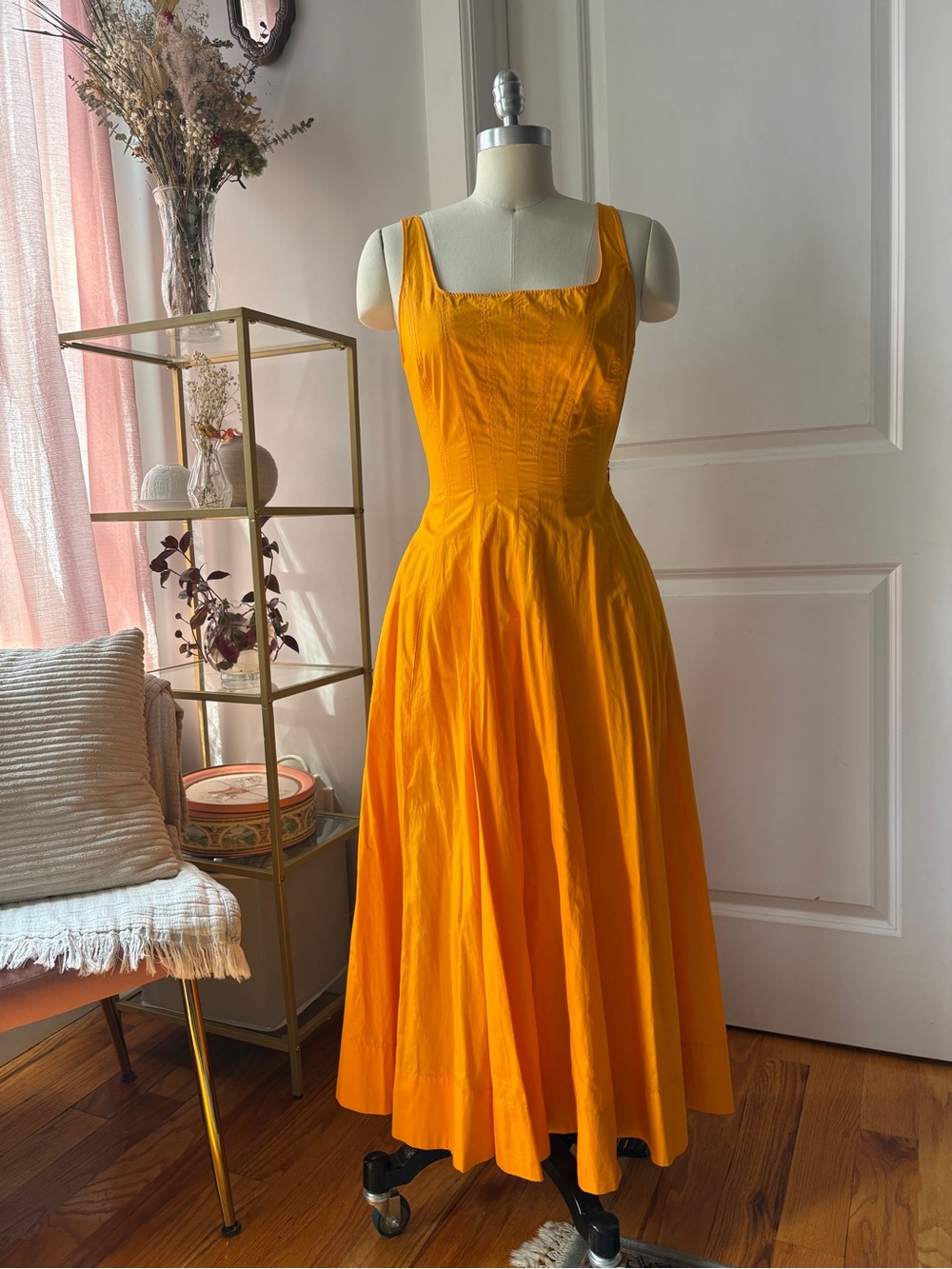 Zara Sunburst Orange Square-Neck Midi Dress